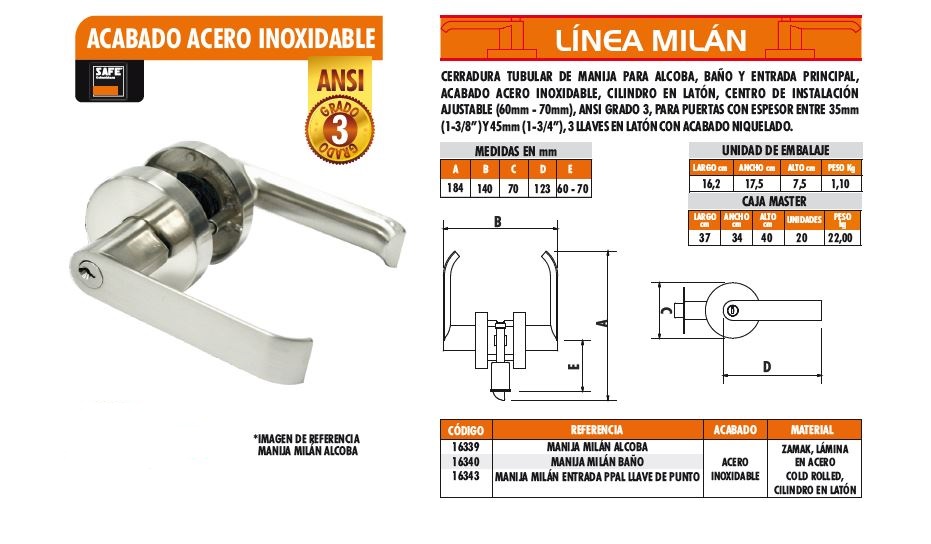 Cerradura Tubular Para Entrada Ppal Con Manija Metalica Acero Inox