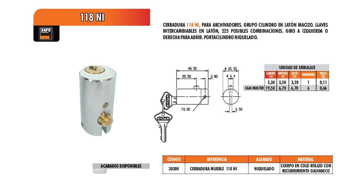 CERRADURA MUEBLE ARCHIVADOR NIQUELADA 40mm 118 SAFE - Dyna & Cia S.A.