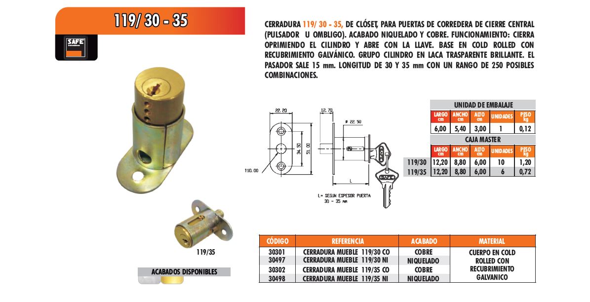 CERRADURA MUEBLE CLOSET NIQUELADA 35mm 119 SAFE - Dyna & Cia S.A.