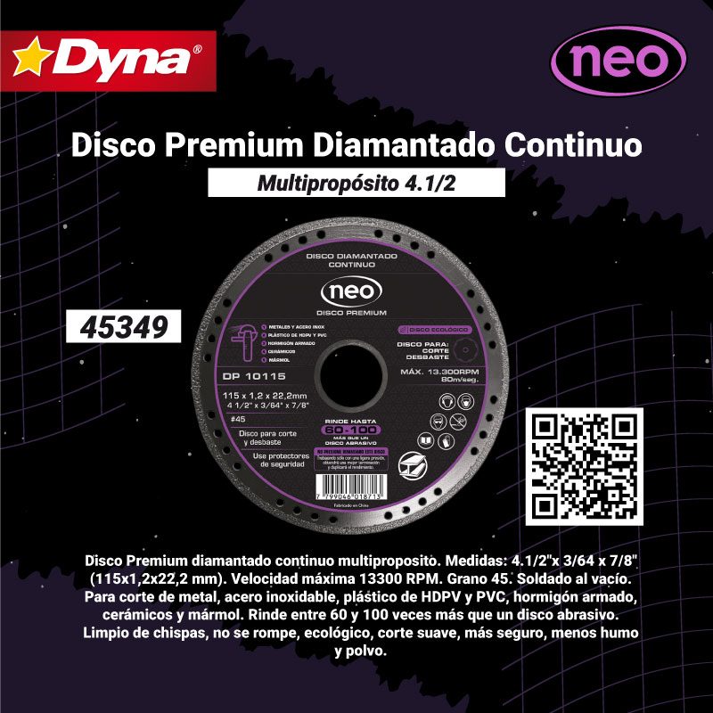 Disco diamantado continuo premium multiproposito 4.1/2" DP 10115 - Dyna