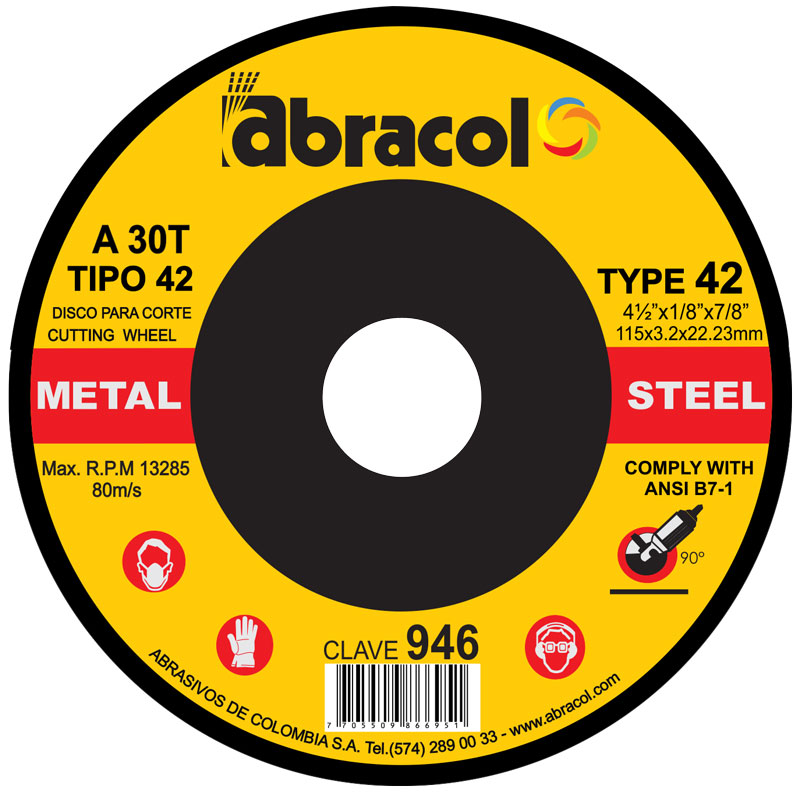 Disco Abrasivo Tipo 42 Para Corte de Metal de 4.1/2" X 1/8" X 7/8" Grano A30 ABD4A0030047
