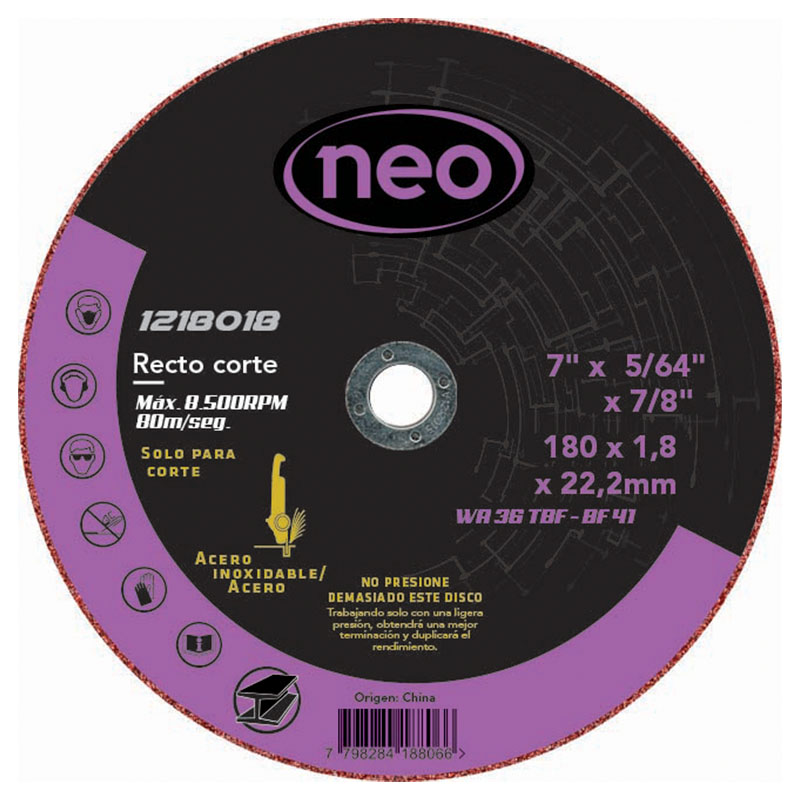 Disco Abrasivo para Corte Fino de Metal E Inoxidable de 7" X 5/64" X 7/8" 1218018