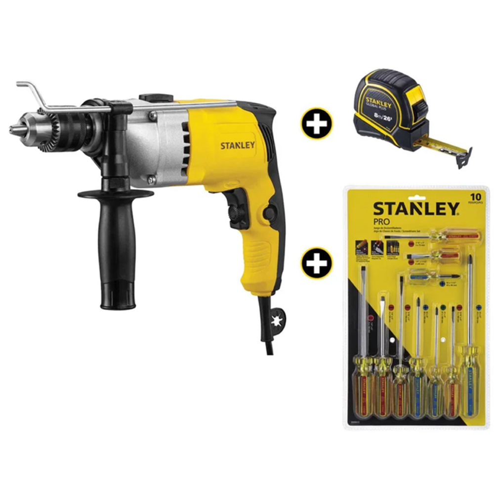 Taladro Percutor 1/2"800W + Flexómetro + Juego De Destornilladores STDH8013-B3O