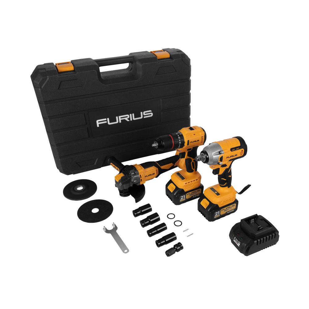 Llave De Impacto Inalámbrica Brushless 1/2" De 21V + Taladro Percutor inalámbrico Brushless 1/2" DE 21V  +  Minipulidora Inalámbrica Brushless 4 1/2" 21V FB213KIT