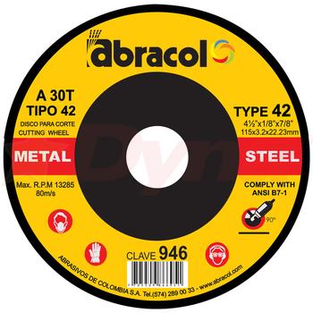 Disco Abrasivo Tipo 42 Para Corte de Metal de 4.1/2" X 1/8" X 7/8" Grano A30 ABD4A0030047
